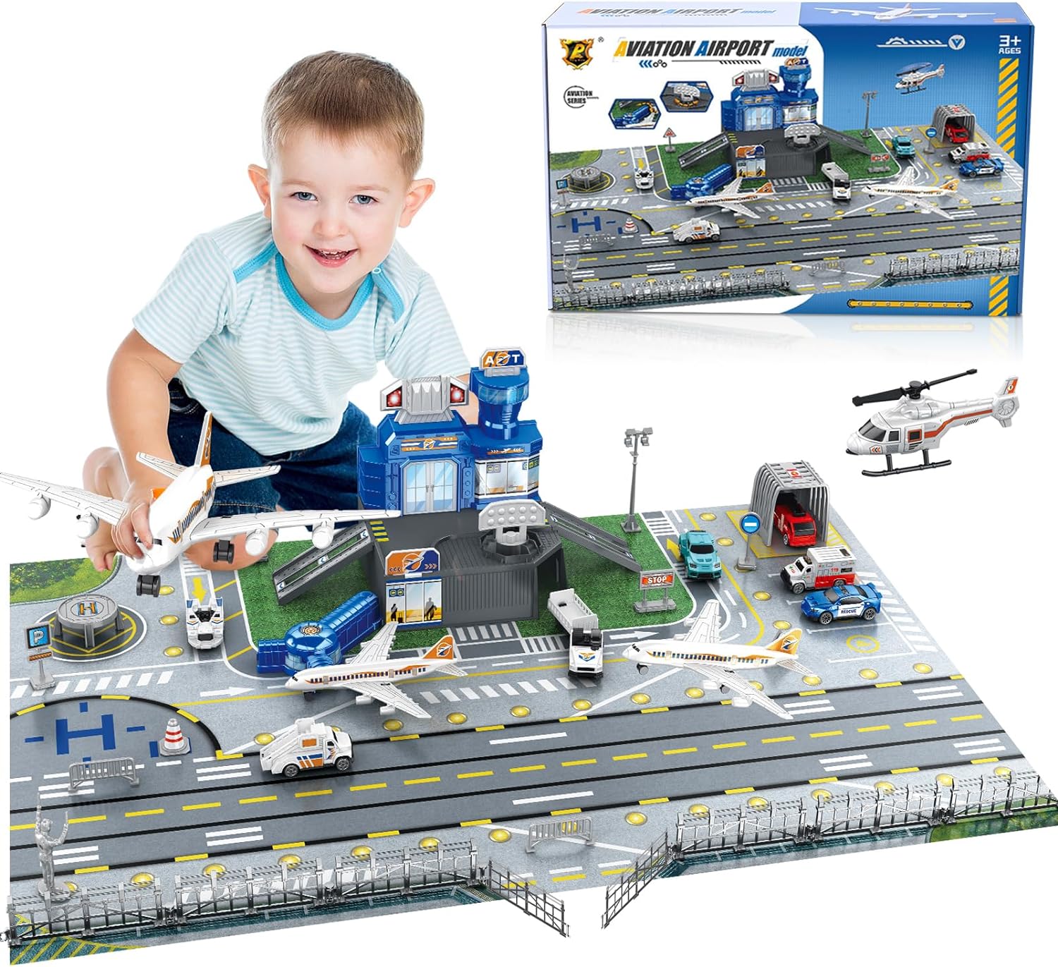 Toddler Learning Tower - 子供用空港シーンおもちゃセット、車、ヘリコプター、飛行機、タワー、空港プレイマット、輸送用航空機モデル付き、3～12歳のお子様に最適、誕生日プレゼント、クリスマスプレゼント、新年の贈り物に。