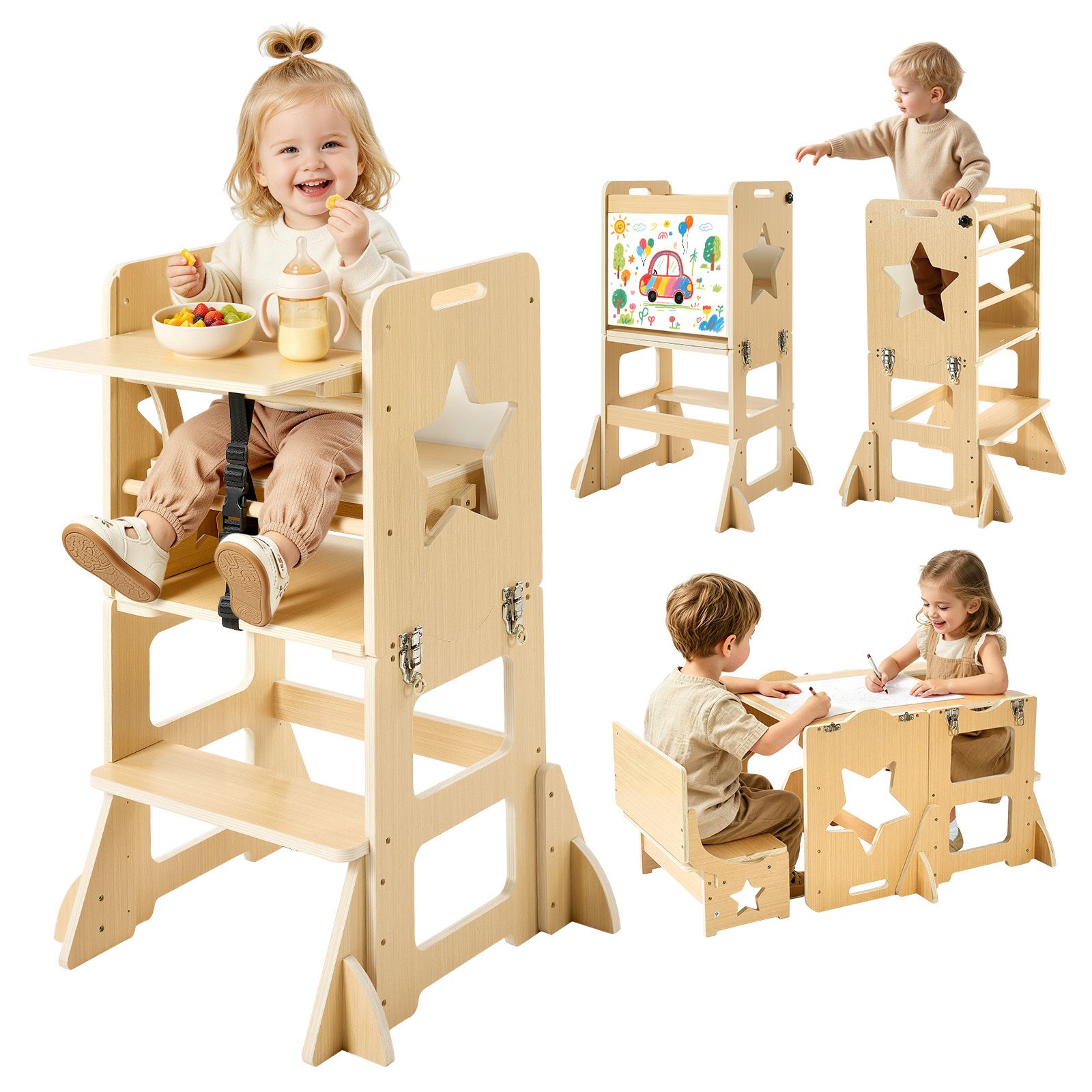 Toddler Learning Tower - 幼児用タワー、木製、6 in 1 キッチンステップスツール（1歳～5歳向け）、モンテッソーリ離乳食テーブル＆チェアセット、学習用スタンディングタワー
