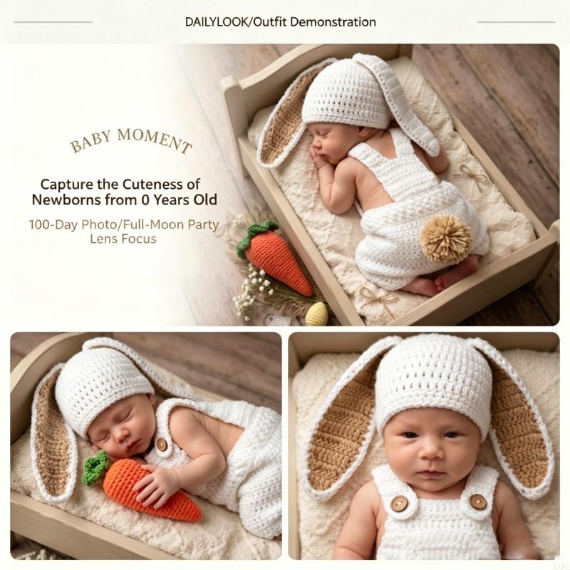 Baby Products Website - かぎ針編みニット新生児写真撮影小道具服ウサギテーマベビーロンパース帽子付き0-3ヶ月用ベビースタジオ写真撮影用