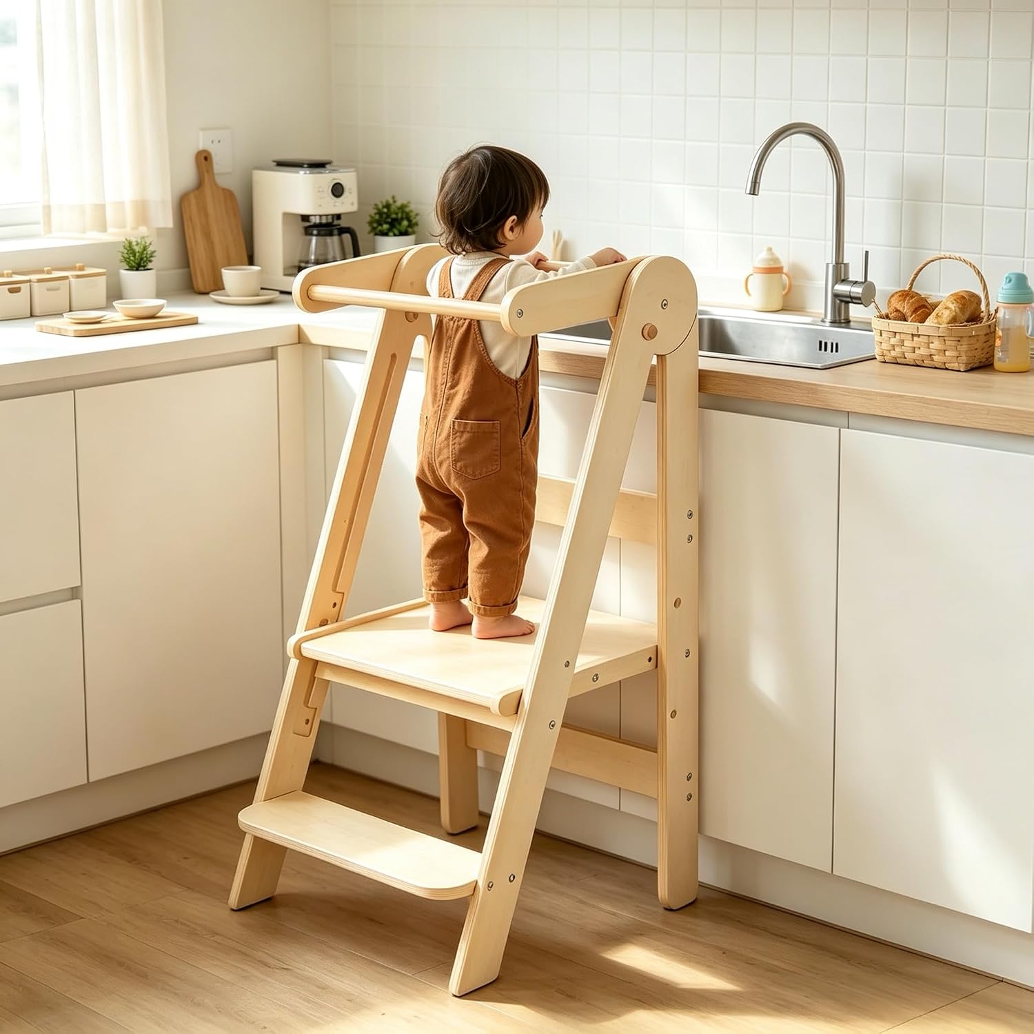 Toddler Learning Tower - 折りたたみ式幼児用タワー、2段ステップ付きモンテッソーリキッチンステップスツール、子供用学習スツール、省スペースヘルパータワー
